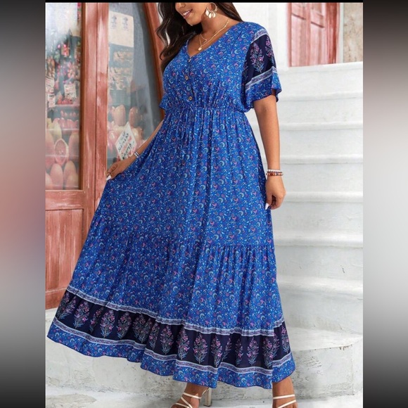 Boho Plus Size Floral Paisley Print Short Sleeve Maxi Dress Blue - Picture 3 of 6